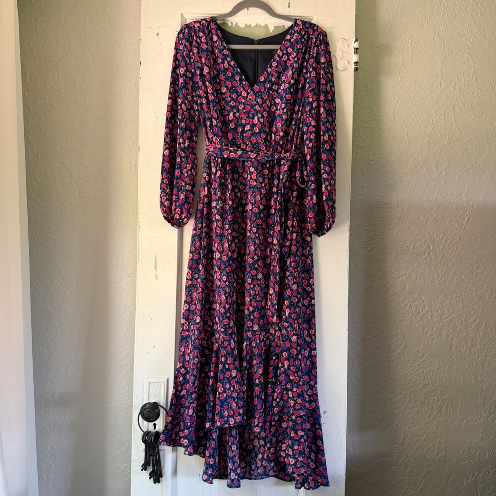 J.Crew Floral V-Neck Midi Dress‎ Size 6 Pink Blue Long Sleeve High-Low AF410 NEW